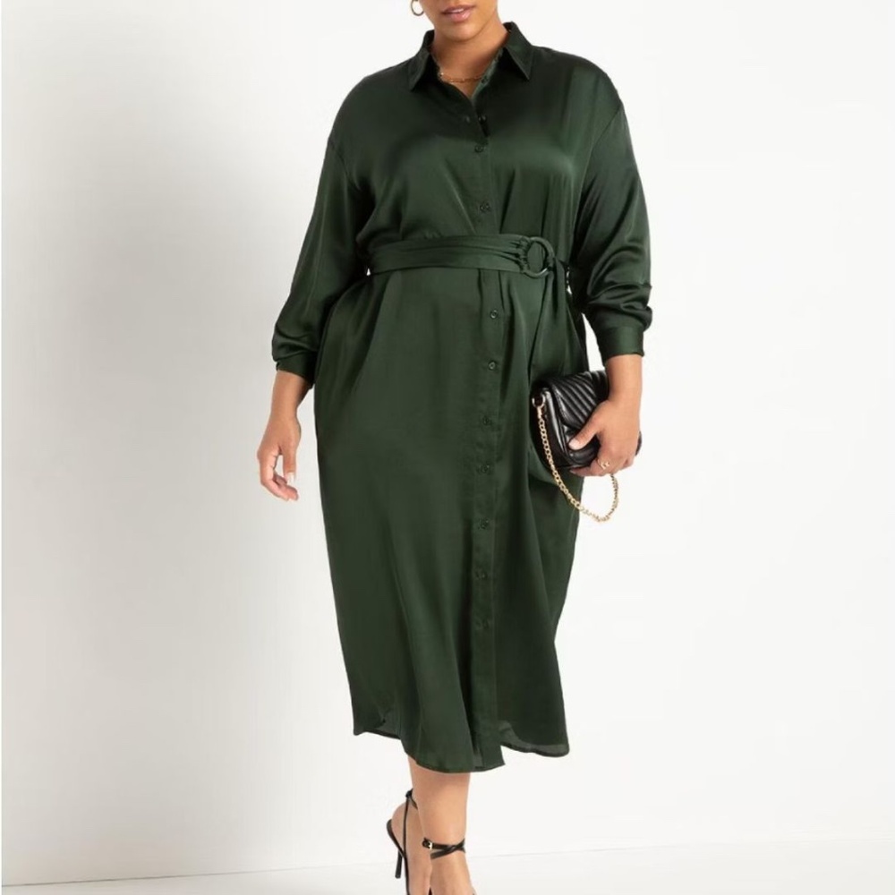 Eloquii Emerald Green Satin Button Down Maxi Shirtdress Size 14